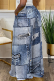 Baby Blue Casual Street Faux Denim Print Pocket Contrast Loose High Waist Wide Leg Full Print Bottoms