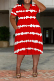 Blue Casual Striped Print Pocket Contrast V Neck Printed Plus Size Dresses