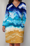 White Blue Casual Floral Print Pocket Contrast V Neck Printed Plus Size Dresses