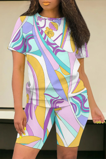 Multicolor Casual Daily Geometric Print Flowers Pocket Contrast O Neck Short Sleeve Two Pieces