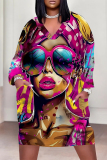 Rose Red Casual Street Figure Print Pocket Contrast V Neck Printed Plus Size Dresses