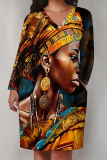 Rose Red Casual Street Figure Print Pocket Contrast V Neck Printed Plus Size Dresses