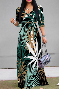 Green Street Elegant Floral Print Lace Up Contrast V Neck Printed Dresses