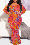 Pink Sexy Street Floral Print Contrast V Neck Printed Plus Size Dresses