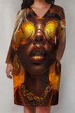 Rose Red Casual Street Figure Print Pocket Contrast V Neck Printed Plus Size Dresses