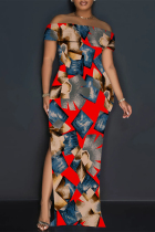 Red Sexy Street Plaid Cartoon Print Flowers Slit Contrast Off Shoulder Printed Dresses