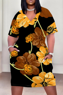 Orange Black Casual Street Floral Print Pocket Contrast V Neck Printed Plus Size Dresses