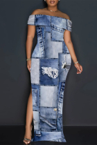 Blue White Sexy Street Faux Denim Print Slit Off Shoulder Printed Dresses