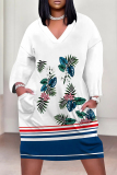 White Blue Casual Floral Print Pocket Contrast V Neck Printed Plus Size Dresses