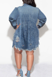 Blue Street Solid Color Fringed Trim Pocket Buckle Patchwork Turndown Collar Denim Plus Size Dresses