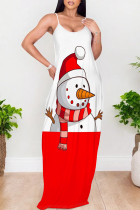 White Red Casual Snowflakes Snowman Print Contrast U Neck Printed Dresses