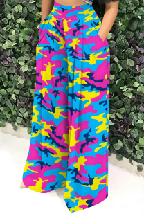 Purple Casual Street Geometric Print Camouflage Print Pocket Contrast Loose High Waist Wide Leg Full Print Bottoms