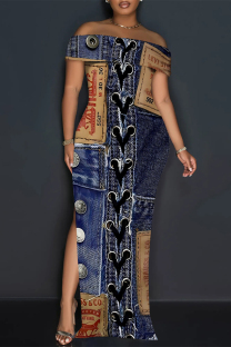 Deep Blue Sexy Street Faux Denim Print Slit Off Shoulder Printed Dresses