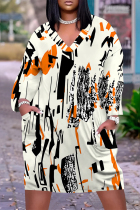 Apricot Casual Floral Print Pocket Contrast V Neck Printed Plus Size Dresses