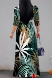 Baby Blue Street Elegant Floral Print Lace Up Contrast V Neck Printed Dresses