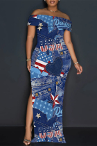 Navy Sexy Street Faux Denim Print Slit Off Shoulder Printed Dresses