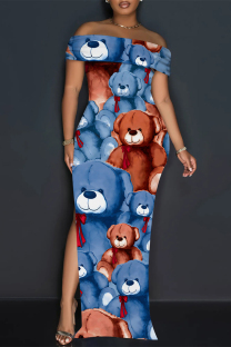 Blue Sexy Street Plaid Cartoon Print Flowers Slit Contrast Off Shoulder Printed Dresses