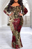 Pink Sexy Street Floral Print Contrast V Neck Printed Plus Size Dresses
