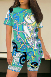 Purple Casual Street Flowers Chain print Contrast O Neck Short Sleeve Two Pieces