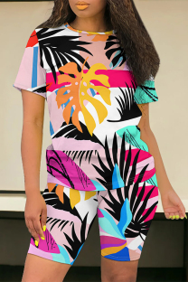 Colour Casual Street Geometric Print Floral Print Contrast O Neck Short Sleeve Two Pieces
