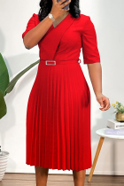 Red Elegant Solid Color Patchwork With Belt Pleated Asymmetrical Collar Long Dresses
