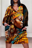 Rose Red Casual Street Figure Print Pocket Contrast V Neck Printed Plus Size Dresses