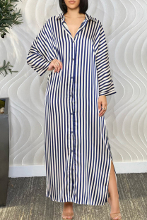 Blue Casual Stripe Buckle Patchwork Slit Turndown Collar Long Dresses