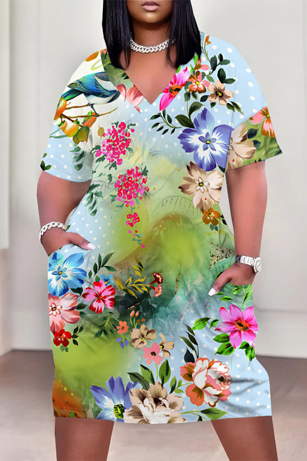 Sky Blue Casual Street Floral Print Pocket Contrast V Neck Printed Plus Size Dresses