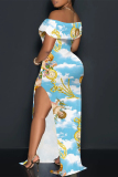 Baby Blue Sexy Street Plaid Cartoon Print Flowers Slit Contrast Off Shoulder Printed Dresses