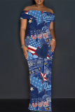 Deep Blue Sexy Street Faux Denim Print Slit Off Shoulder Printed Dresses