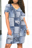 Dark Blue Casual Daily Faux Denim Print Pocket Contrast V Neck Printed Short Sleeve Dress