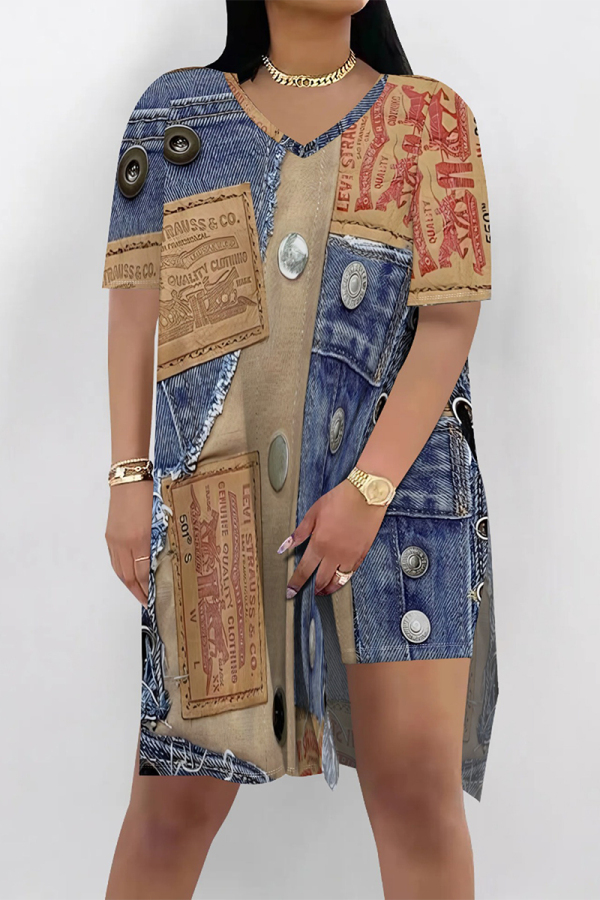 Multicolor Casual Street Faux Denim Print Slit V Neck Short Sleeve Two Pieces