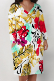 White Blue Casual Floral Print Pocket Contrast V Neck Printed Plus Size Dresses