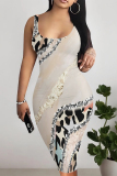 Cream White Sexy Street Leopard Print Gradient Color Contrast U Neck Printed Dresses