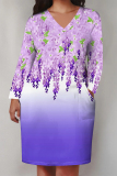 White Blue Casual Floral Print Pocket Contrast V Neck Printed Plus Size Dresses
