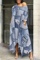 Baby Blue Casual Street Faux Denim Print Pocket O Neck Irregular Dresses