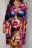 Rose Red Casual Street Figure Print Pocket Contrast V Neck Printed Plus Size Dresses