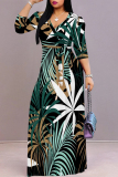 Baby Blue Street Elegant Floral Print Lace Up Contrast V Neck Printed Dresses