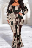 Multicolor Sexy Geometric Print Flowers Contrast V Neck Fishtail Plus Size Dresses
