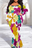 Pink Sexy Street Floral Print Contrast V Neck Printed Plus Size Dresses