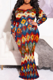 Grey Sexy Street Geometric Print Gradient Contrast V Neck Fishtail Dresses