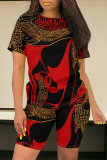 Brown Red Casual Daily Geometric Print Flowers Pocket Contrast O Neck Short Sleeve Two Pieces