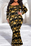 Grey Sexy Street Geometric Print Gradient Contrast V Neck Fishtail Dresses