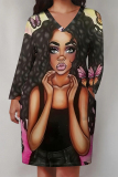 Rose Red Casual Street Figure Print Pocket Contrast V Neck Printed Plus Size Dresses