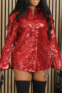 Red Casual Patchwork Sequins Turndown Collar Outerwear