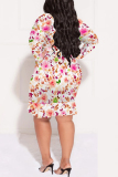 Black Sexy Floral Print Lace Up Ruffle V Neck Printed Plus Size Dresses