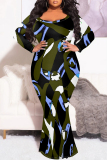 Orange Green Sexy Street Geometric Print Polka Dot V Neck Fishtail Plus Size Dresses