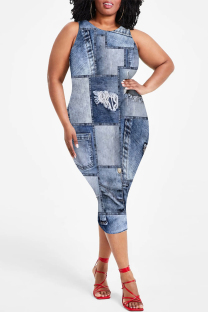 Baby Blue Casual Street Faux Denim Print Contrast O Neck Printed Plus Size Dresses