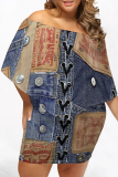 Multicolor Casual Street Faux Denim Print Irregular Off Shoulder Printed Plus Size Dresses