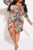 Black Sexy Floral Print Lace Up Ruffle V Neck Printed Plus Size Dresses